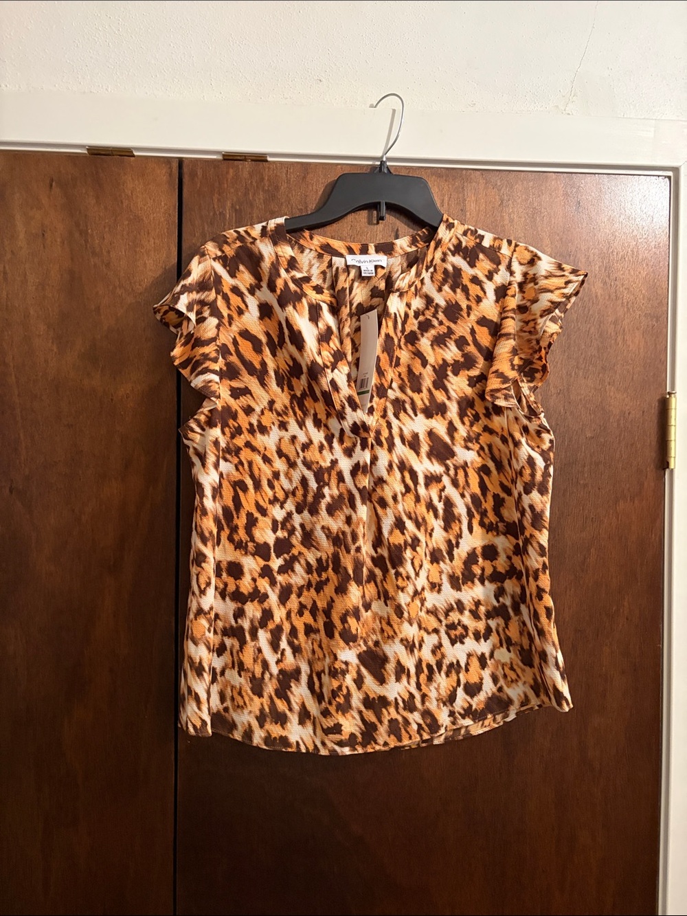 Calvin Klein Leopard Print Flutter Sleeve Blouse - Brown/White